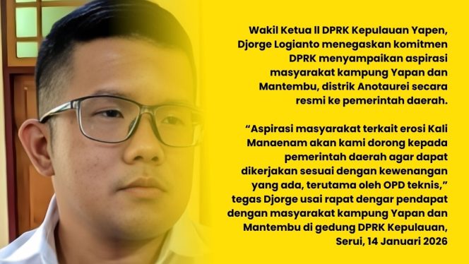 
					Erosi Kali Manaenam Perlu Perhatian ! Waket DPRK Yapen, Djorge Logianto Terima Aspirasi Masyarakat Yapan dan Mantembu