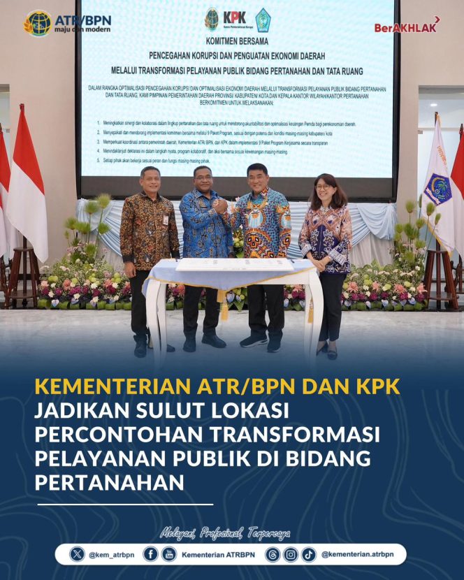 
					Kementerian ATR/BPN dan KPK Jadikan Sulut Lokasi Percontohan Transformasi Pelayanan Publik di Bidang Pertanahan